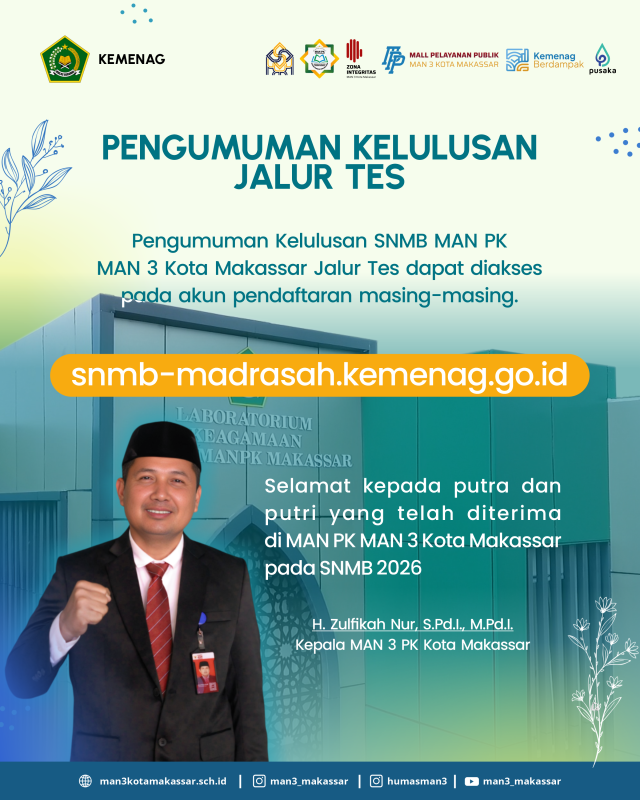 Pengumuman Kelulusan Jalur Tes SNMB 2026 MAN PK MAN 3 Kota Makassar
